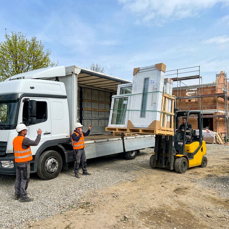 RB Montage Team lädt neue Kunststoff-Fenster und Haustür per Gabelstapler vom Lkw auf die Baustelle ab