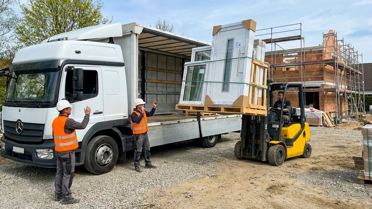 RB Montage Team lädt neue Kunststoff-Fenster und Haustür per Gabelstapler vom Lkw auf die Baustelle ab
