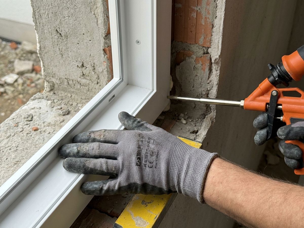 Fachgerechtes Ausschäumen der Fuge zwischen Fensterrahmen und Mauerwerk mit PU-Bauschaum