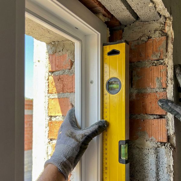 Monteur richtet neuen Fensterrahmen mit gelber Wasserwaage millimetergenau im Mauerwerk aus