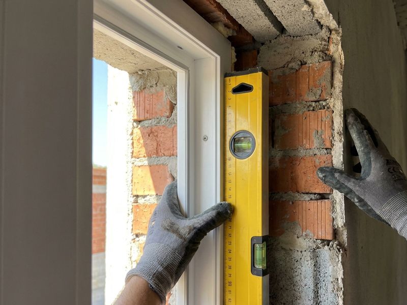 Monteur richtet neuen Fensterrahmen mit gelber Wasserwaage millimetergenau im Mauerwerk aus
