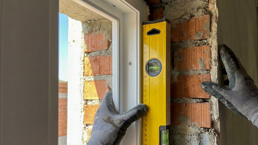 Monteur richtet neuen Fensterrahmen mit gelber Wasserwaage millimetergenau im Mauerwerk aus