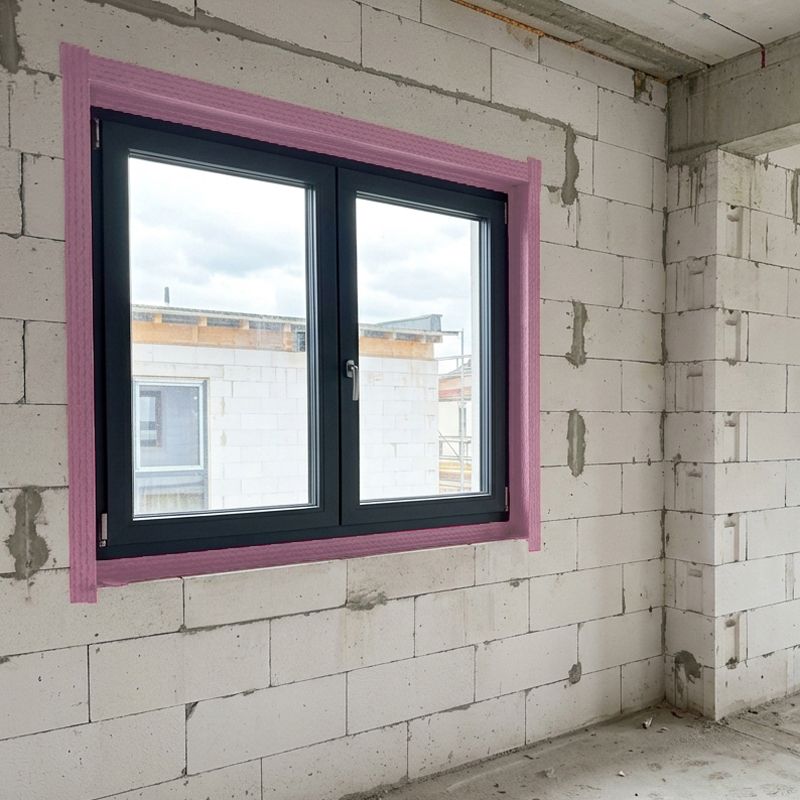 Neues Fenster mit pinkfarbener Dichtfolie und Dichtband rundum luftdicht abgedichtet