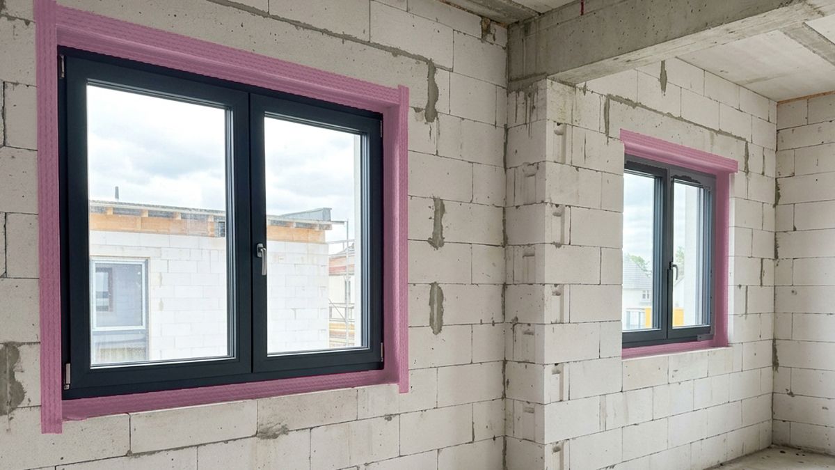 Neues Fenster mit pinkfarbener Dichtfolie und Dichtband rundum luftdicht abgedichtet