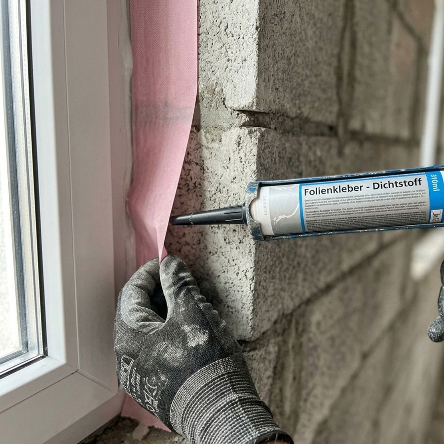 Monteur trägt Folienkleber aus der Kartusche auf Kalksandstein-Mauerwerk für die luftdichte Fensterabdichtung auf