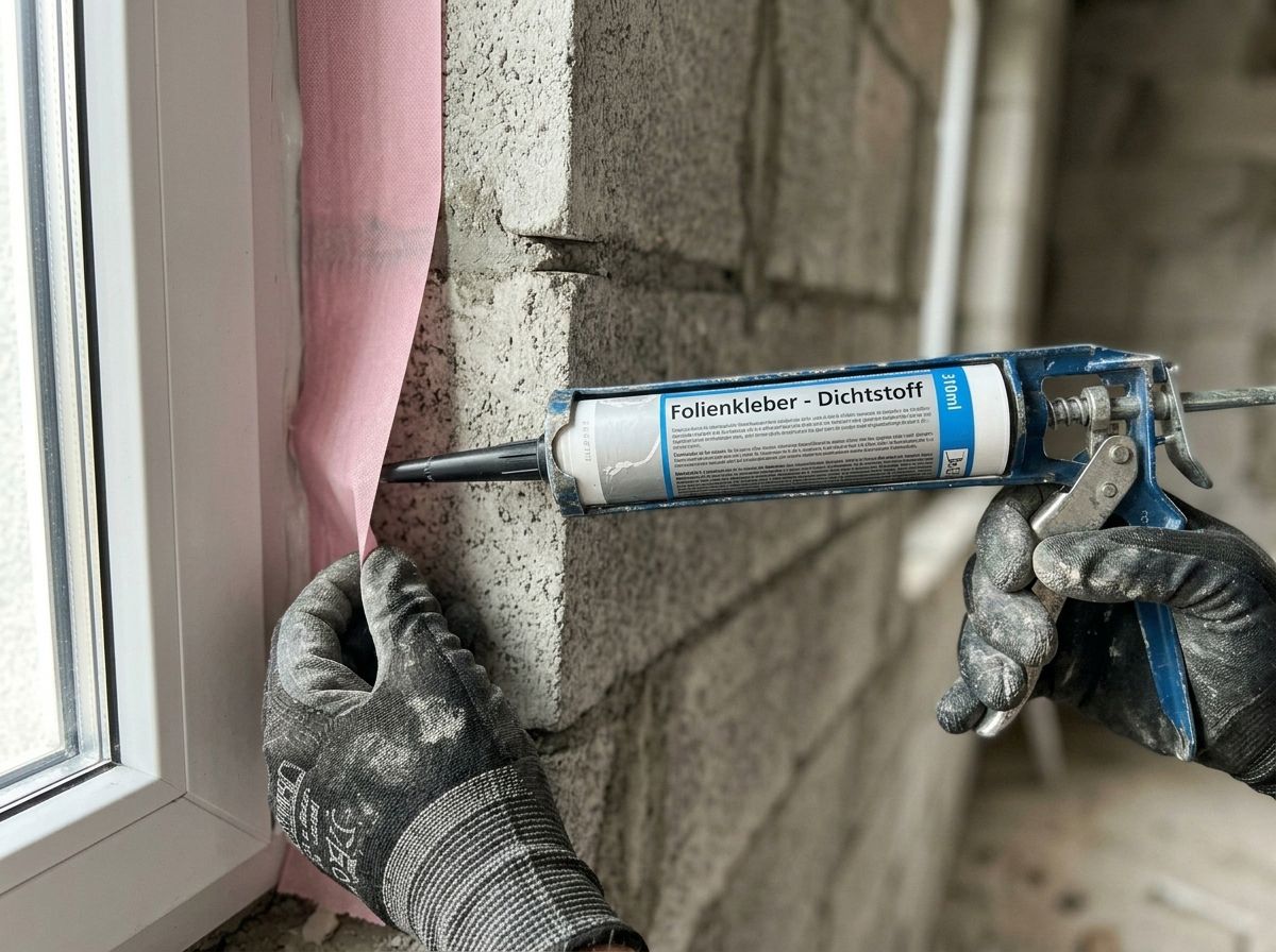 Neues Fenster mit pinkfarbener Dichtfolie und Dichtband rundum luftdicht abgedichtet