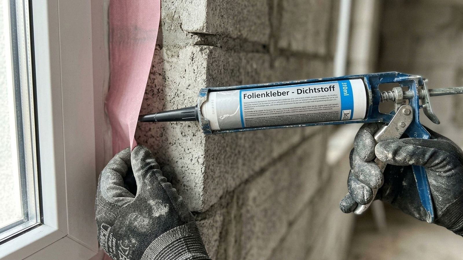 Monteur trägt Folienkleber aus der Kartusche auf Kalksandstein-Mauerwerk für die luftdichte Fensterabdichtung auf