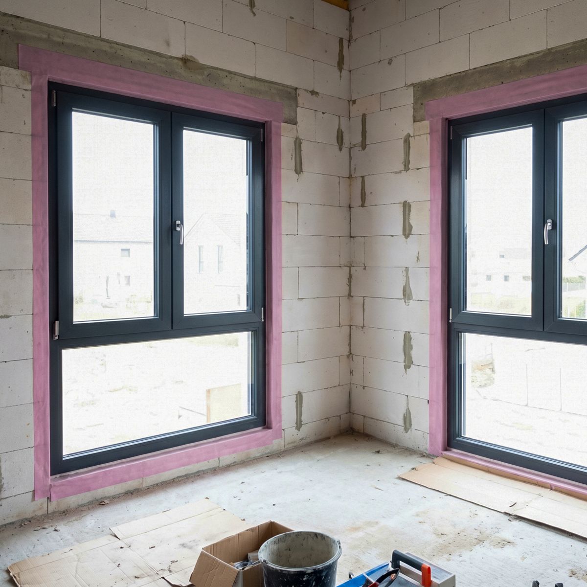 Luftdichte Abdichtung der Anschlussfuge rund um ein neues Kunststoff-Fenster im Rohbau