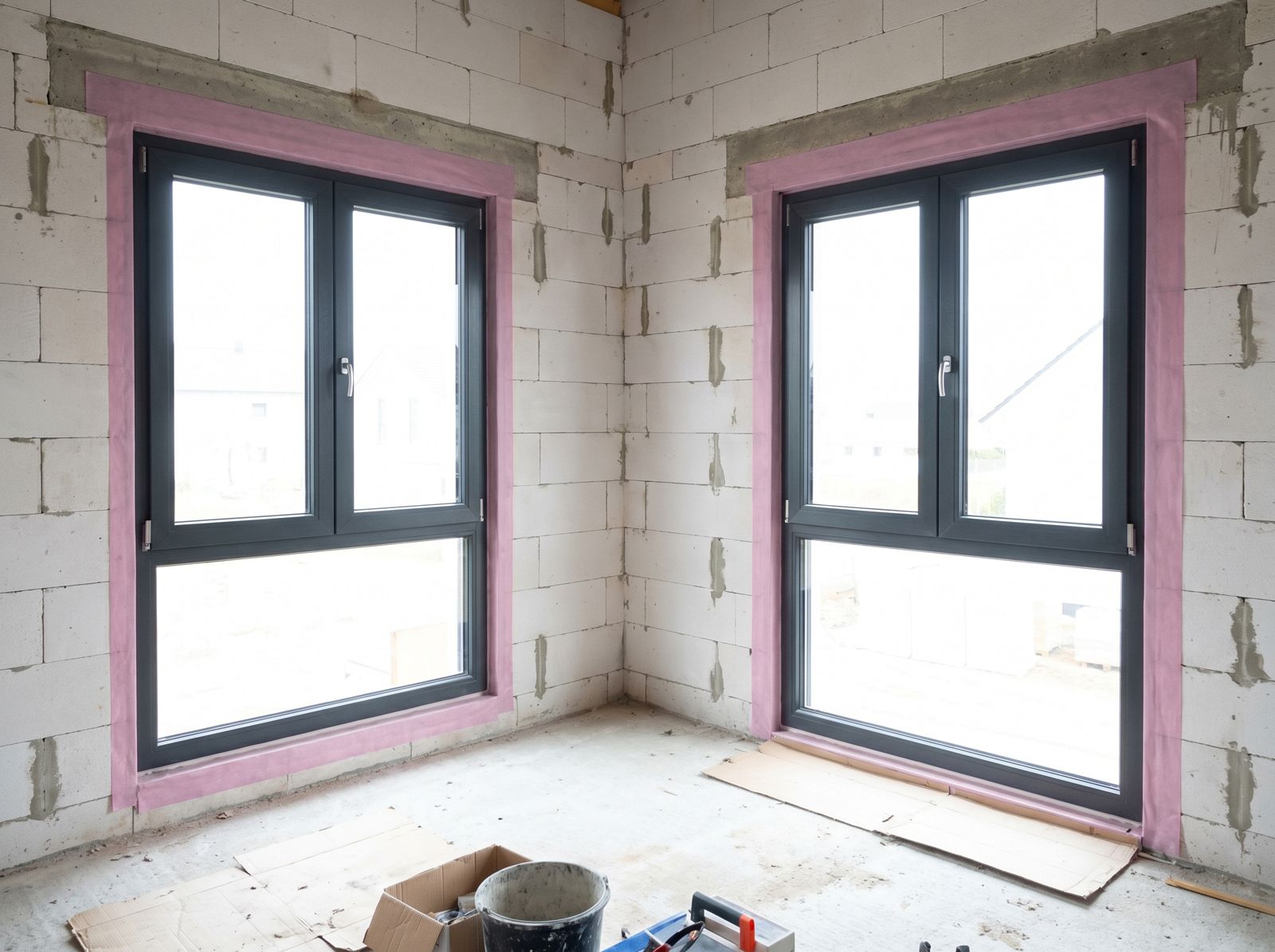 Luftdichte Abdichtung der Anschlussfuge rund um ein neues Kunststoff-Fenster im Rohbau