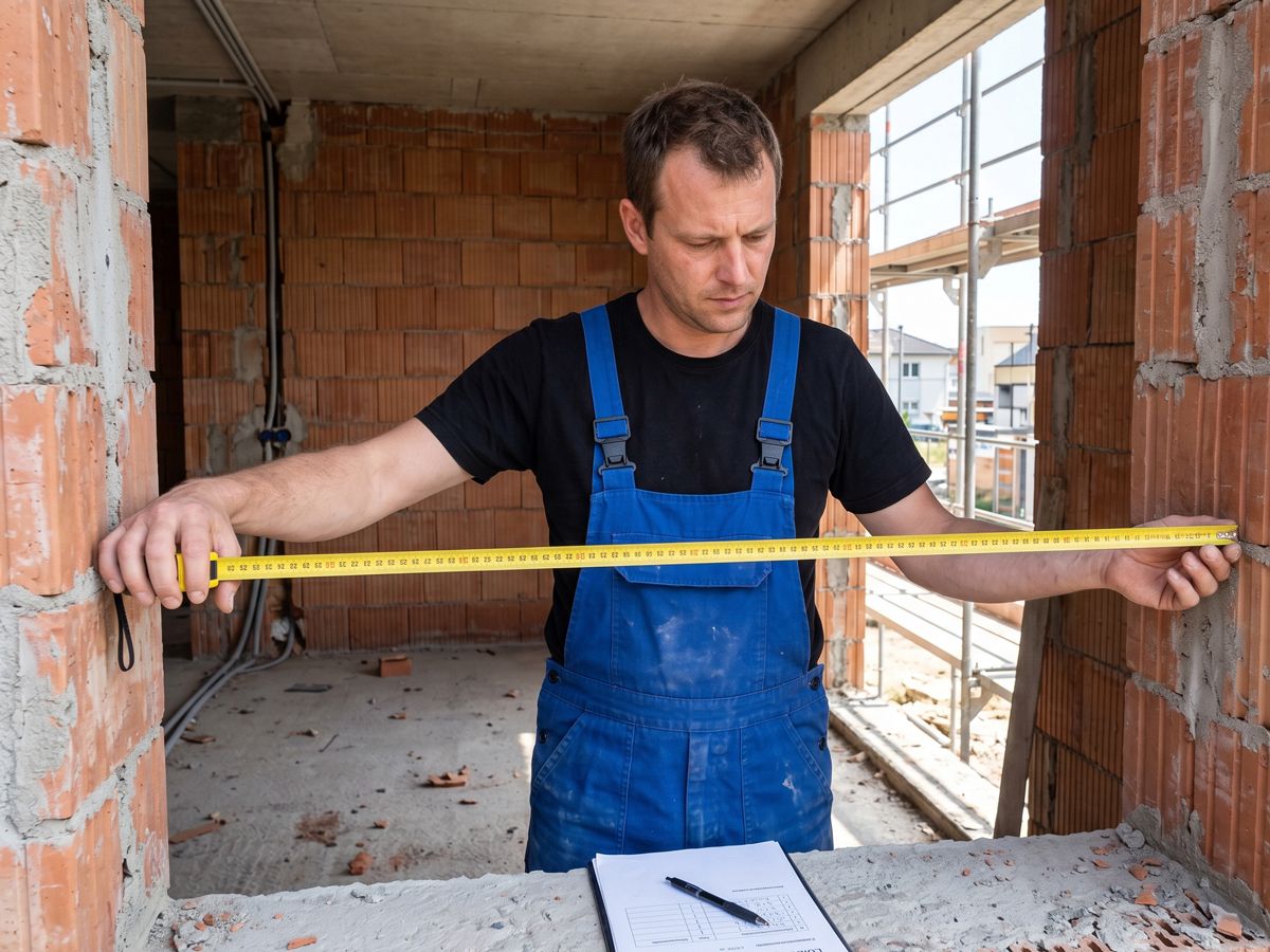 Monteur in blauer Latzhose nimmt mit dem Bandmaß das Aufmaß einer Fensteröffnung im Rohbau