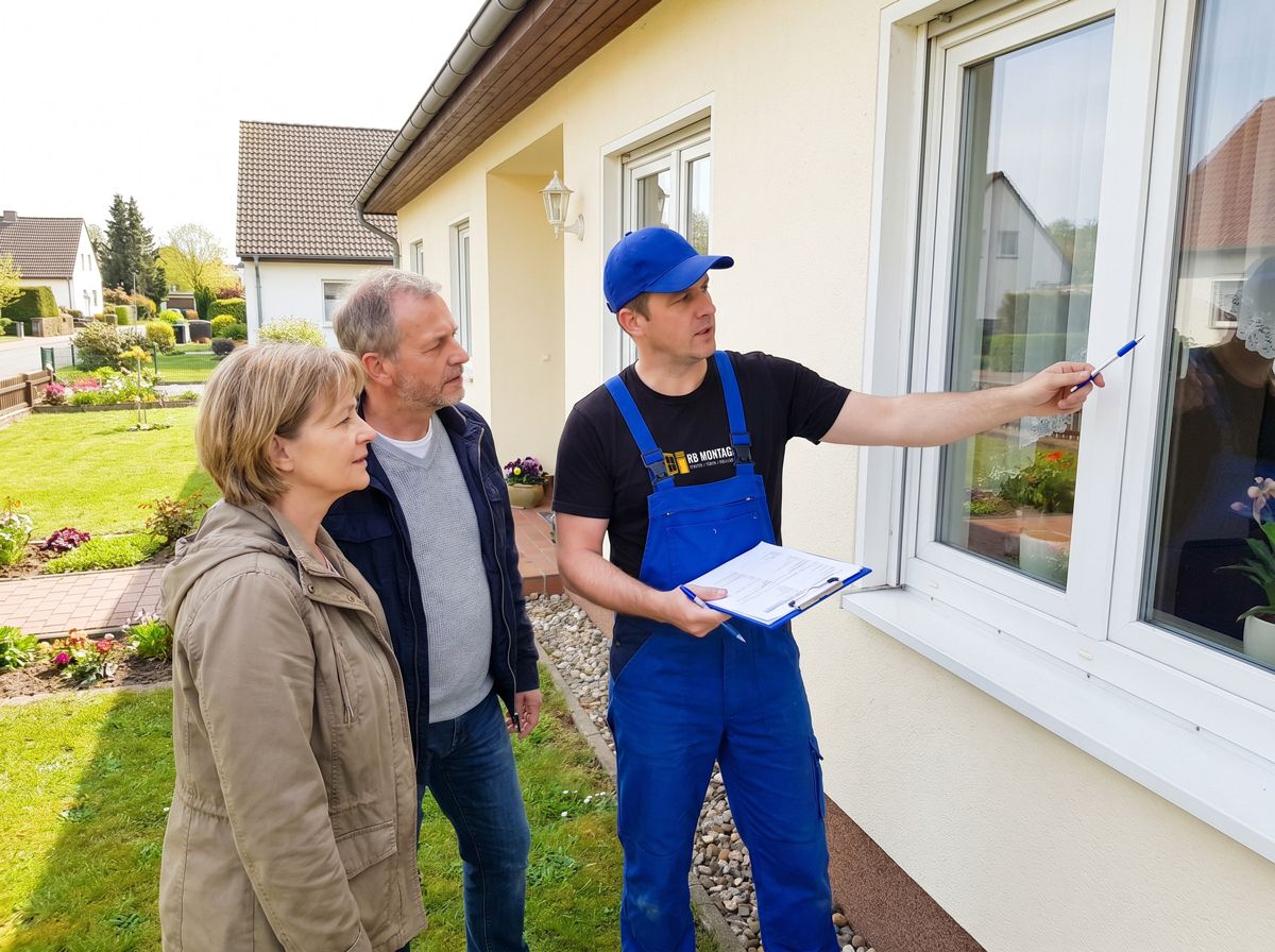 RB Montage Monteur berät ein Ehepaar vor dem Haus zum Fenstertausch und zeigt auf das vorhandene Fenster