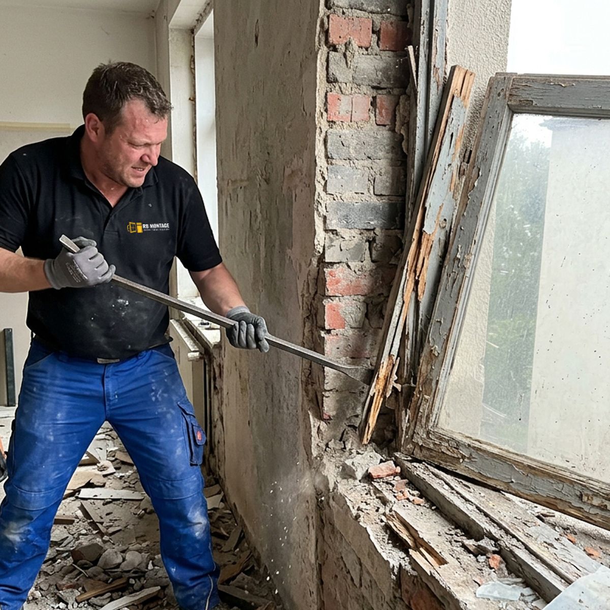 RB Montage Monteur demontiert altes Holzfenster mit Brecheisen aus der Mauerleibung