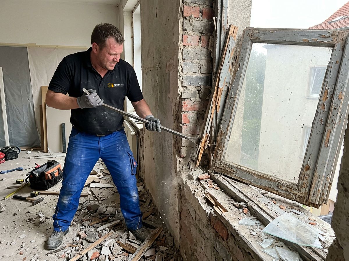 RB Montage Monteur demontiert altes Holzfenster mit Brecheisen aus der Mauerleibung