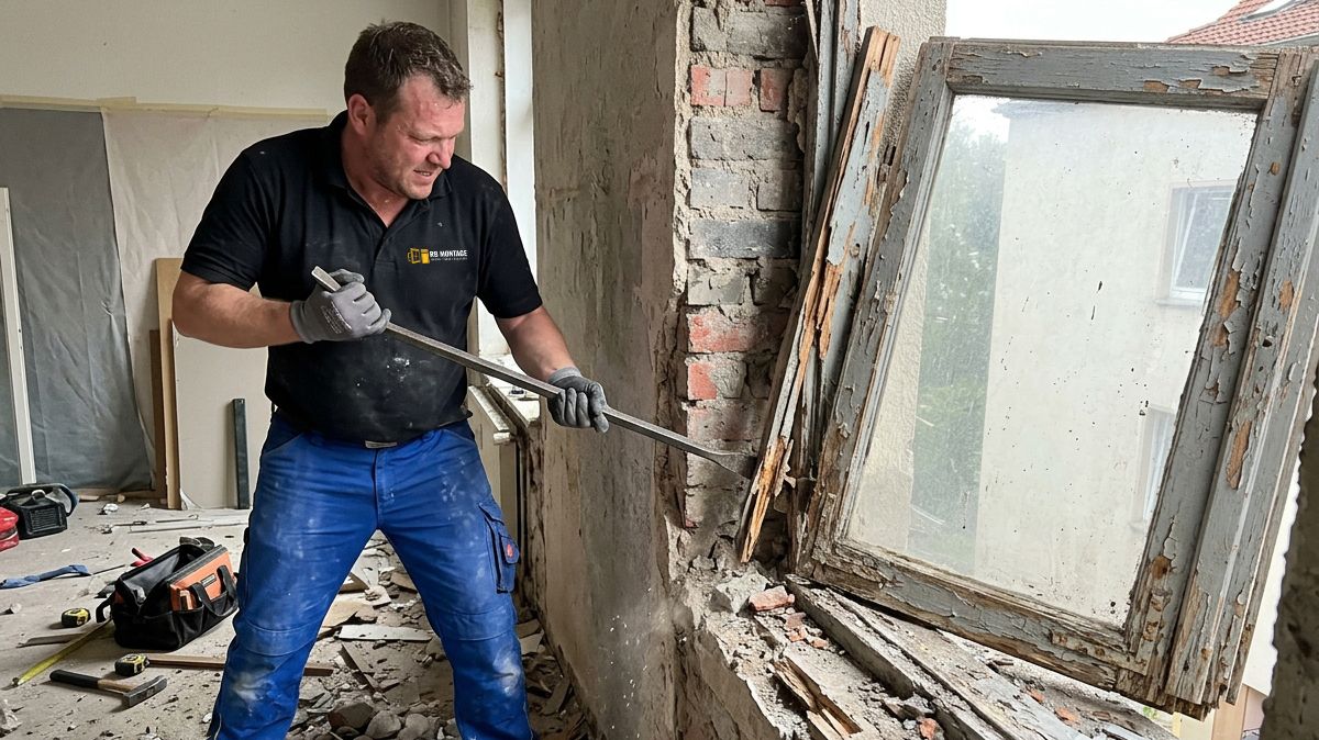 RB Montage Monteur demontiert altes Holzfenster mit Brecheisen aus der Mauerleibung