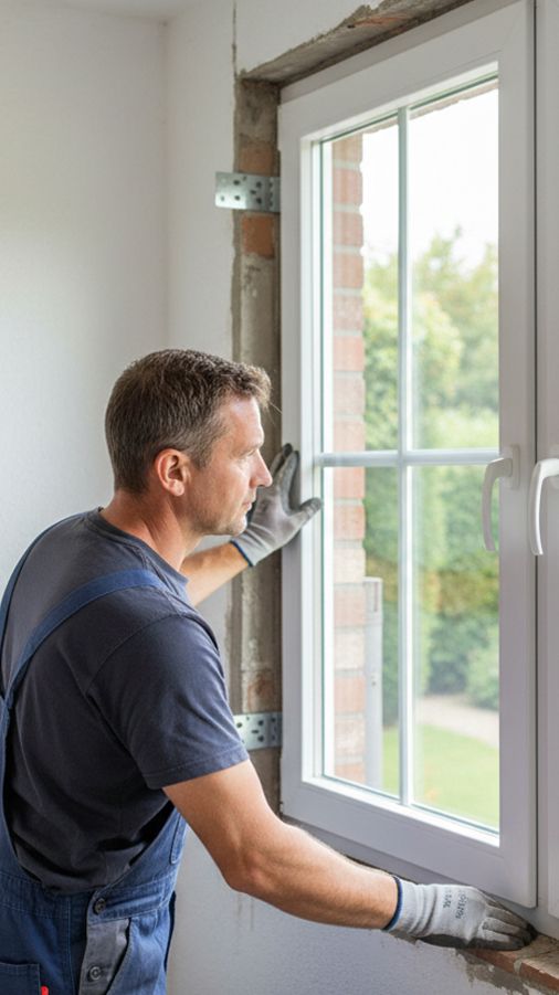 Monteur setzt ein neues Kunststofffenster mit Montagewinkeln passgenau in die Mauerleibung ein