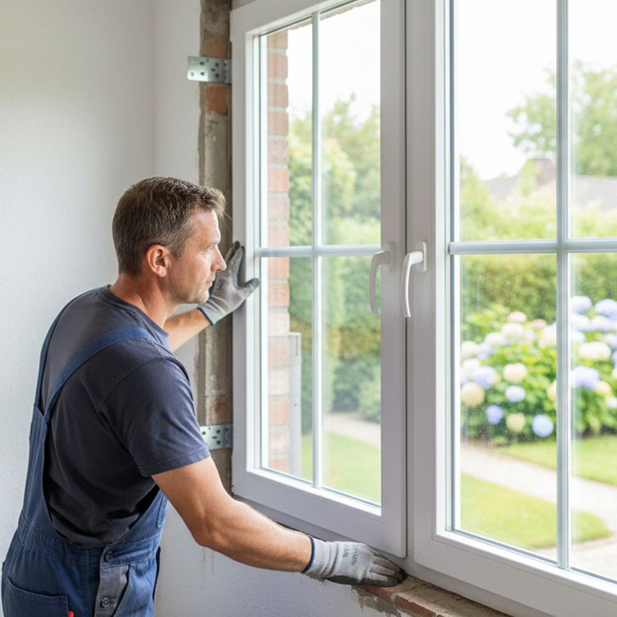 Monteur setzt ein neues Kunststofffenster mit Montagewinkeln passgenau in die Mauerleibung ein