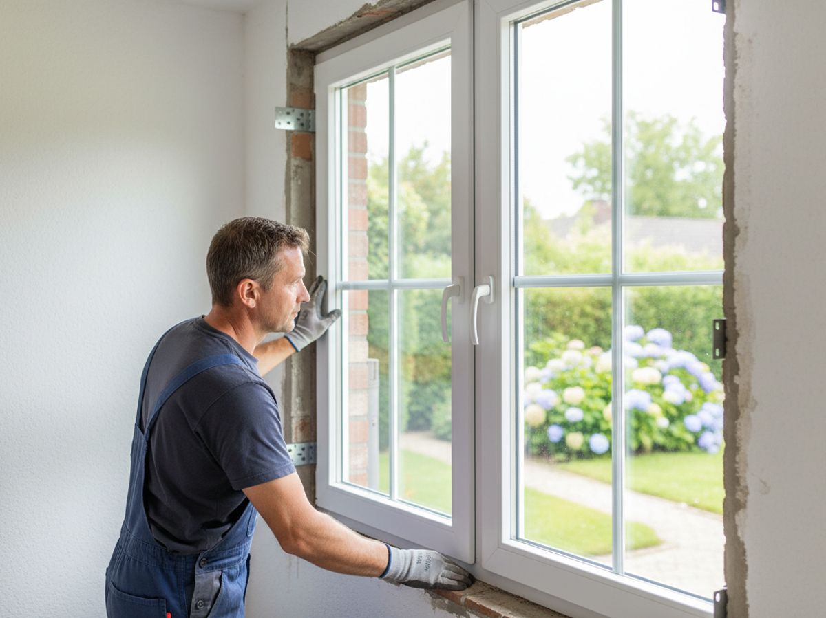 Monteur setzt ein neues Kunststofffenster mit Montagewinkeln passgenau in die Mauerleibung ein