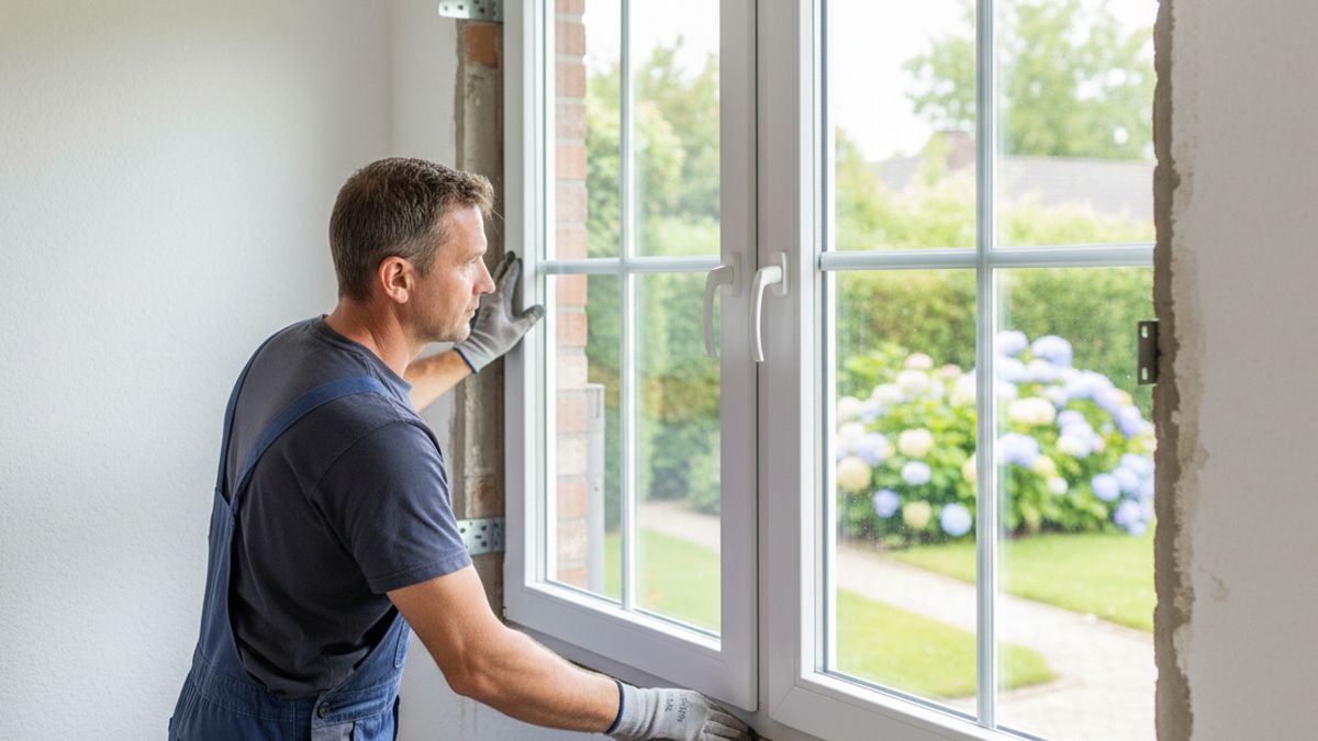 Monteur setzt ein neues Kunststofffenster mit Montagewinkeln passgenau in die Mauerleibung ein