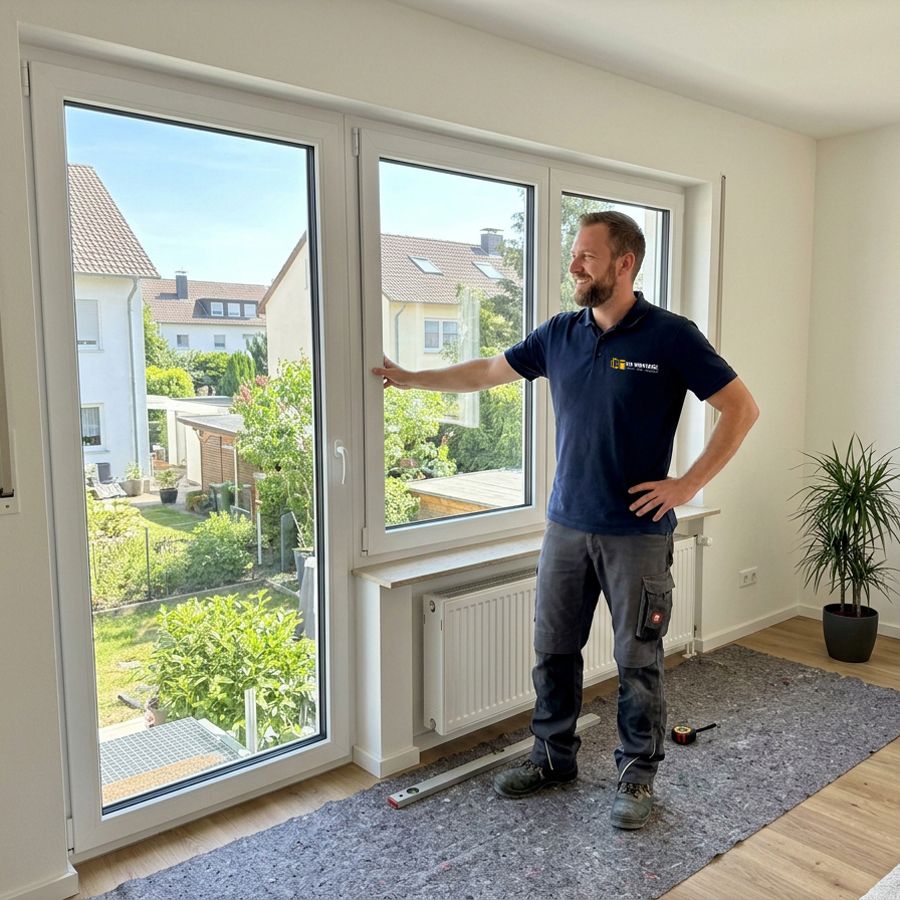 RB Montage Monteur präsentiert eine fertig eingebaute dreiflügelige Balkontür im hellen Wohnzimmer