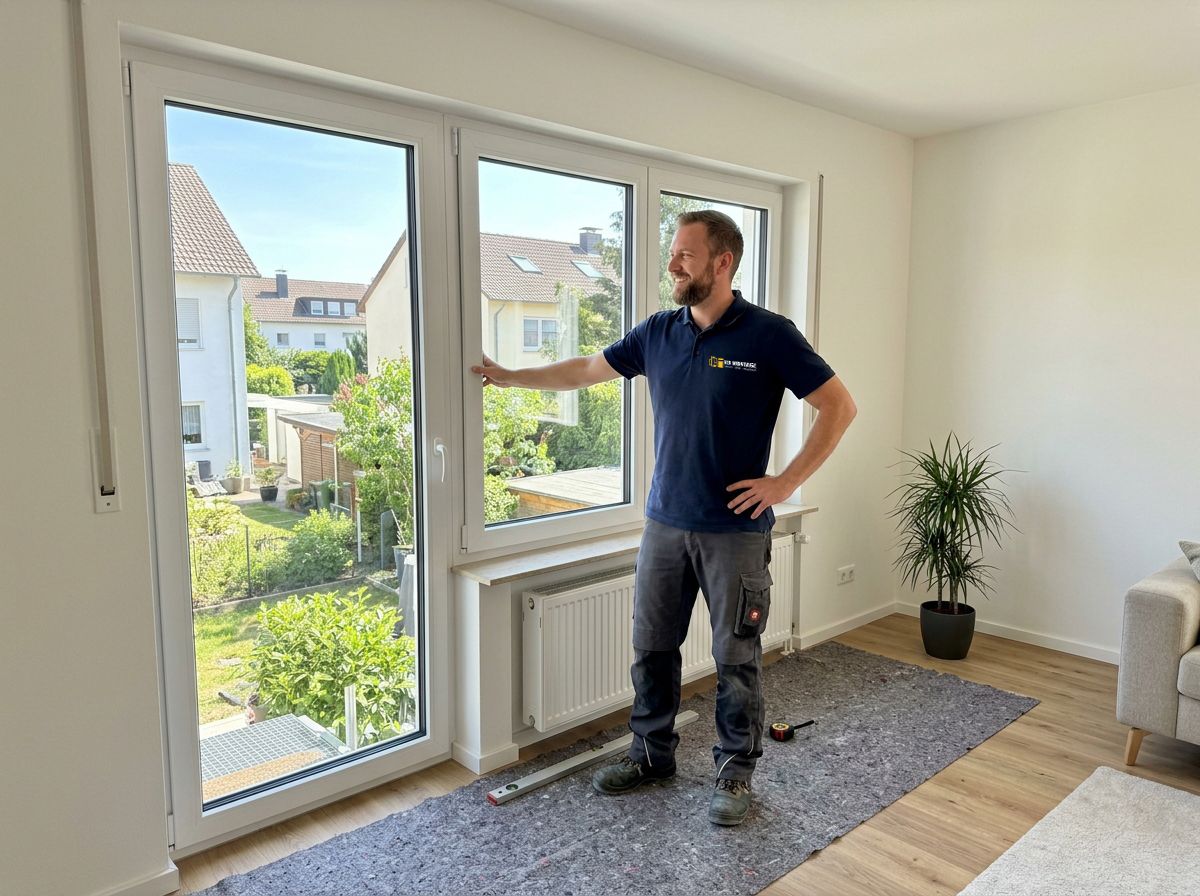 RB Montage Monteur präsentiert eine fertig eingebaute dreiflügelige Balkontür im hellen Wohnzimmer