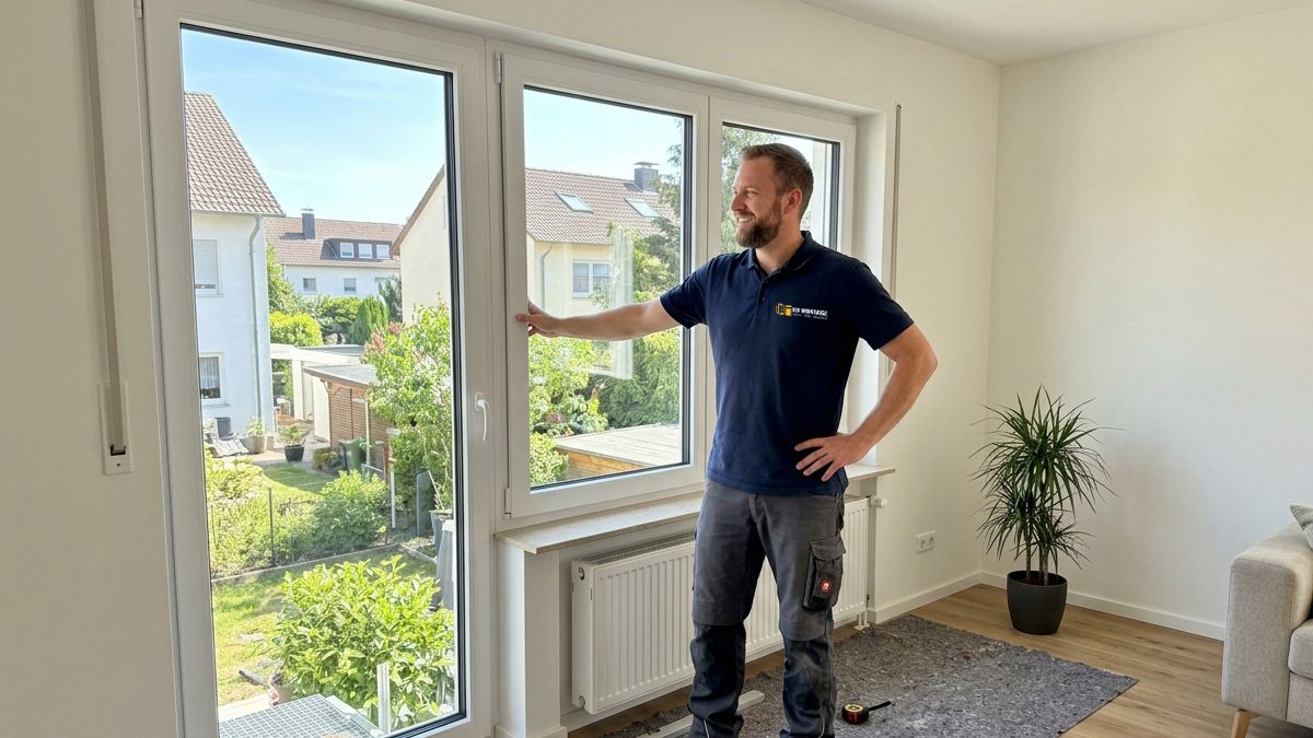 RB Montage Monteur präsentiert eine fertig eingebaute dreiflügelige Balkontür im hellen Wohnzimmer