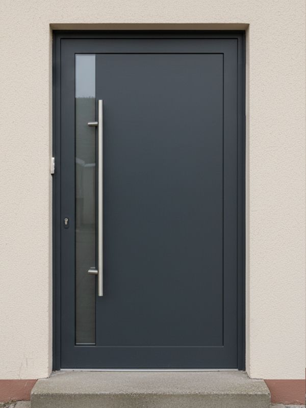 Neue anthrazitfarbene Aluminium-Haustür nach der Modernisierung mit modernem Beschlag