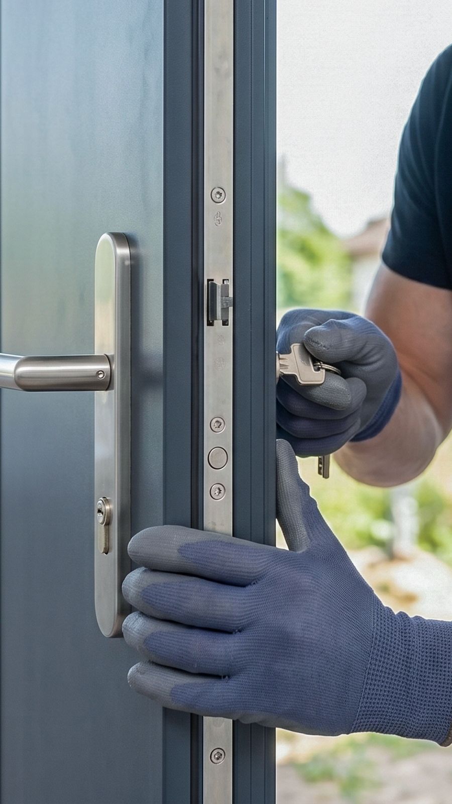 Wartung des Mehrfachverriegelung-Schließmechanismus einer Haustür mit Schlüssel-Funktionsprüfung