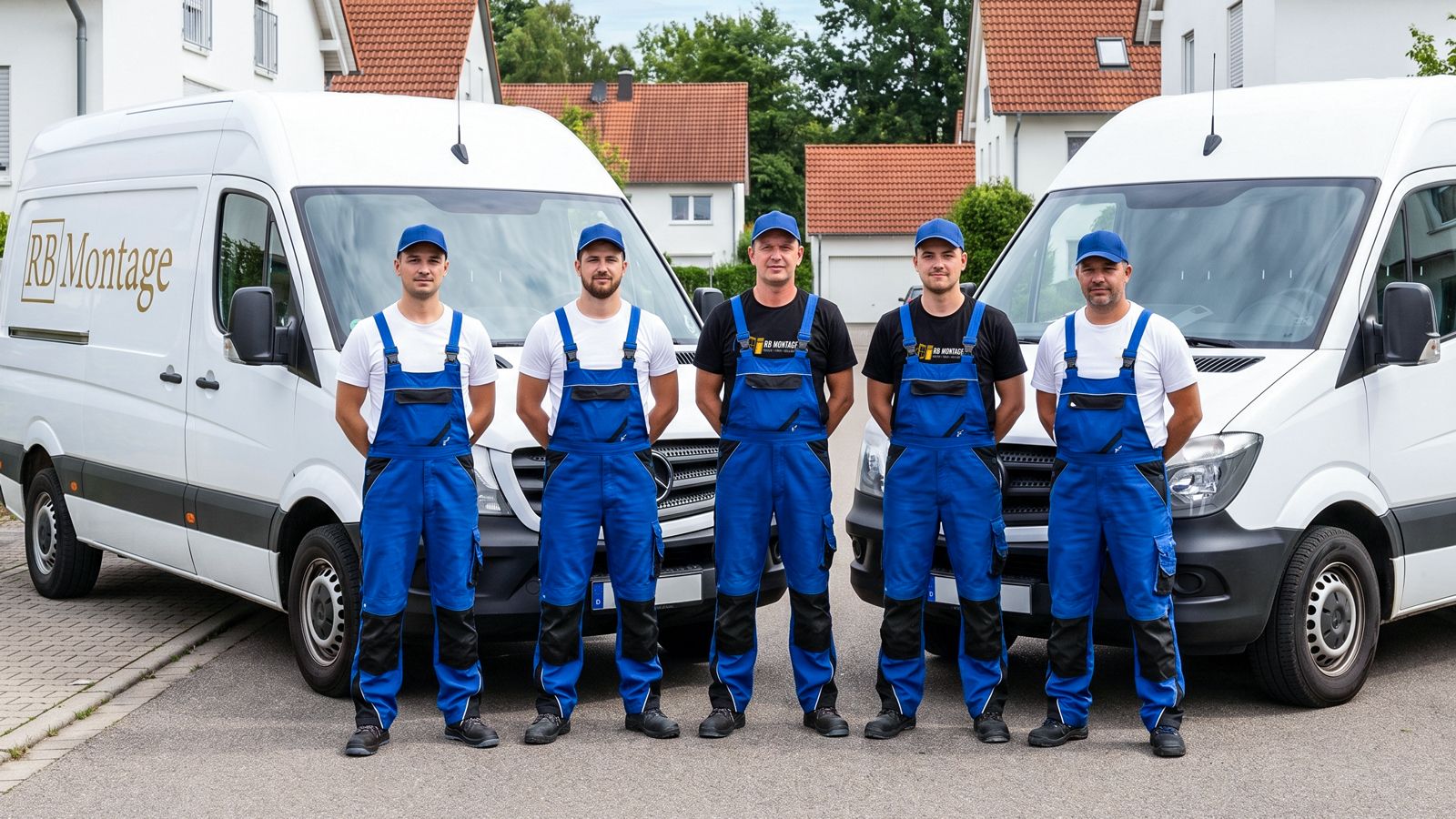 Das RB Montage Team in blauer Latzhose vor zwei weißen RB Montage Firmentransportern
