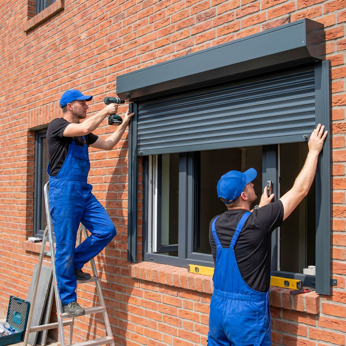 Monteur auf Leiter montiert neuen Vorbau-Rollladenkasten mit Akkuschrauber an einer Klinker-Hausfassade