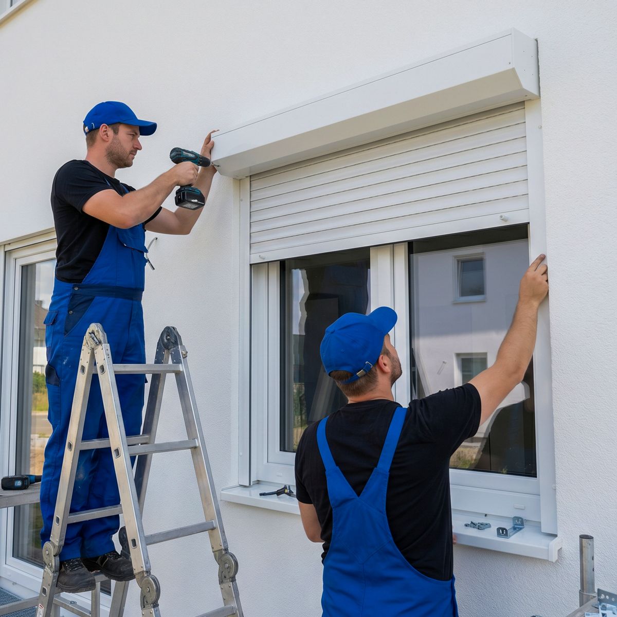 Zwei Monteure installieren einen Aufsatz-Rollladen über einem Fenster an einer weißen Putzfassade
