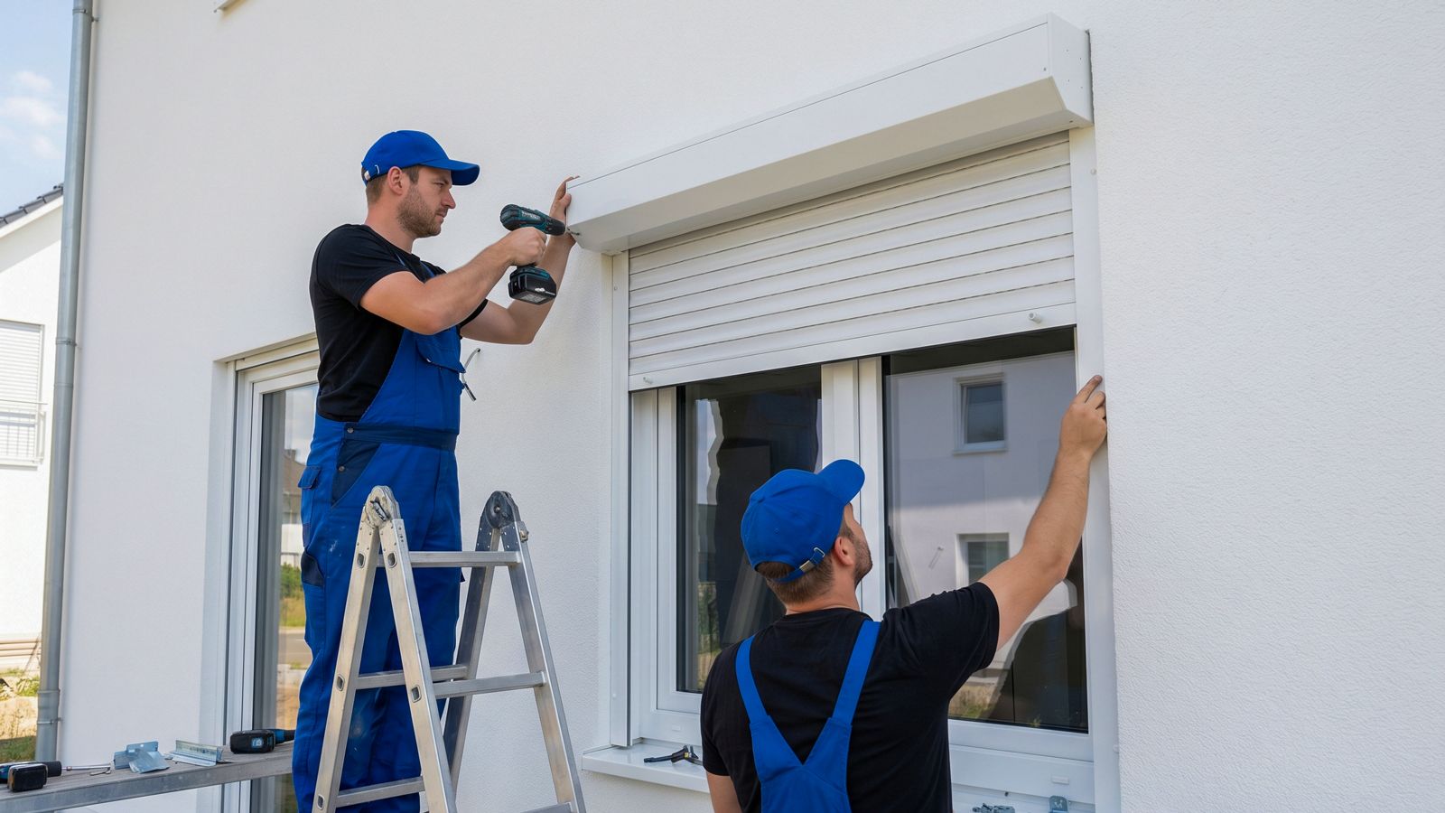 Zwei Monteure installieren einen Aufsatz-Rollladen über einem Fenster an einer weißen Putzfassade in Offenbach