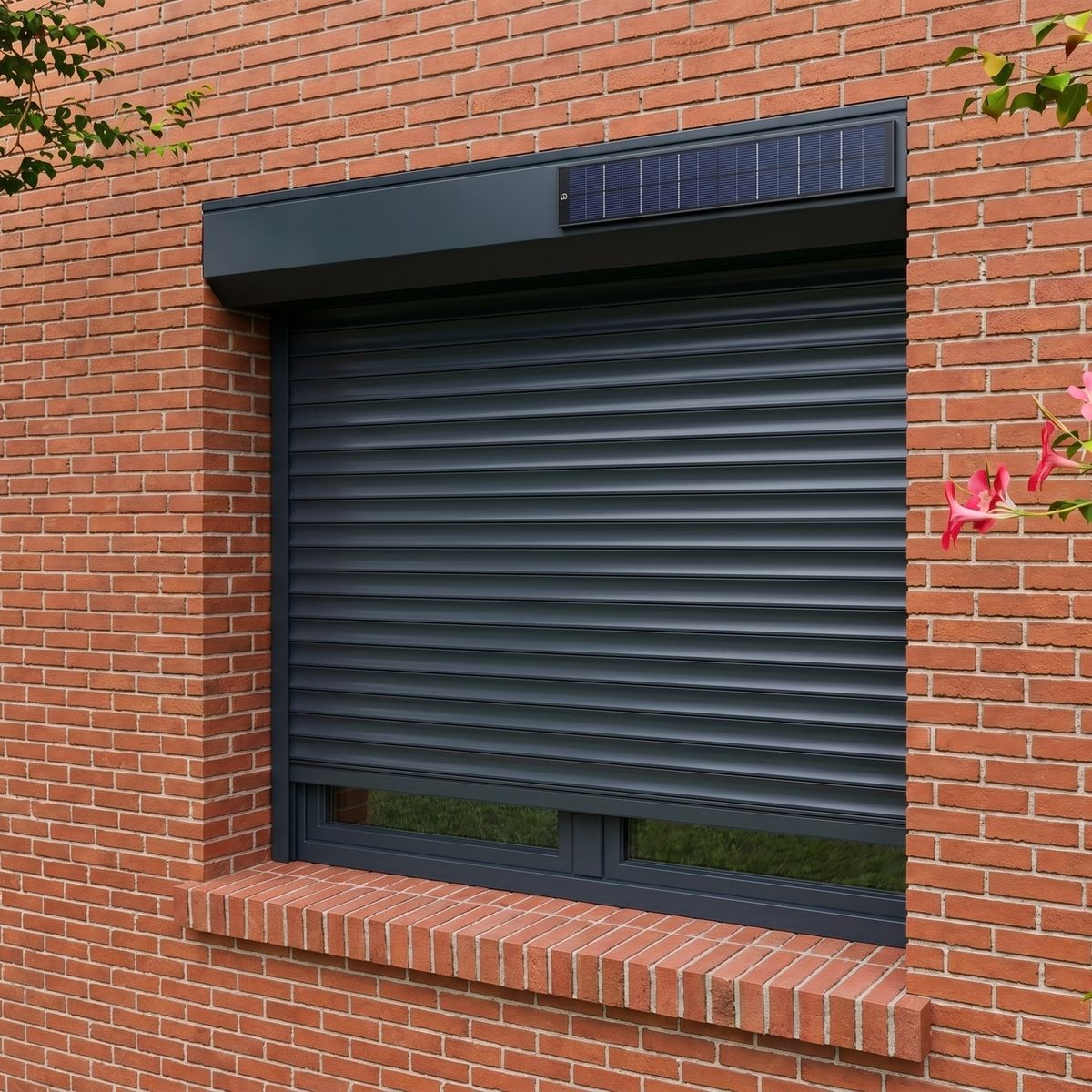 Geschlossener anthrazitfarbener Rollladen mit aufgesetztem Solarmodul auf dem Rollladenkasten an einer Klinkerfassade