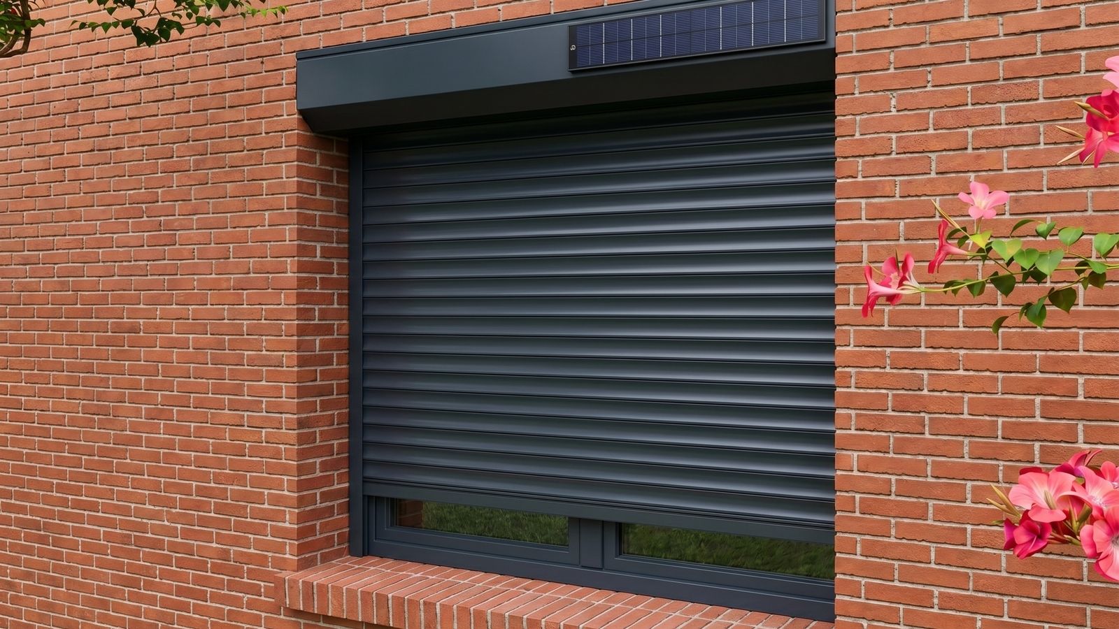 Geschlossener anthrazitfarbener Rollladen mit aufgesetztem Solarmodul auf dem Rollladenkasten an einer Klinkerfassade in Rüsselsheim