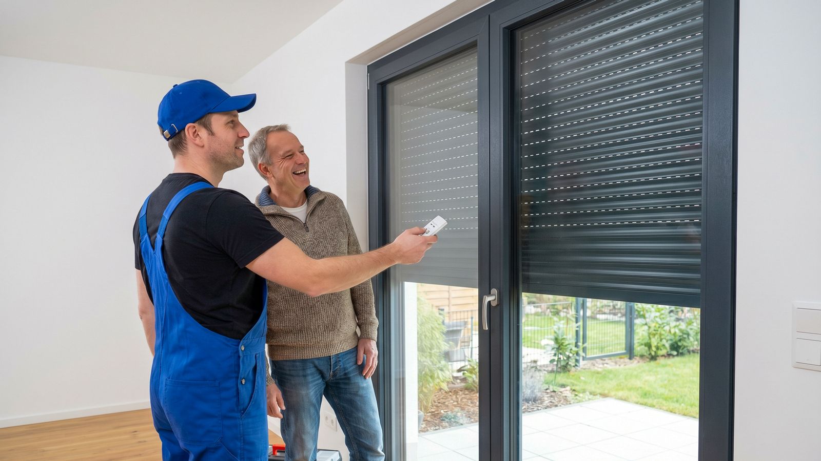 RB Montage Monteur weist einen lachenden Kunden in die Bedienung des neuen elektrischen Rollladenmotors ein