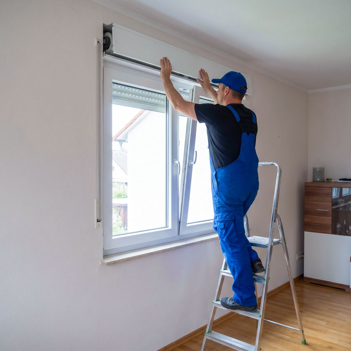 Monteur in blauer Latzhose öffnet von innen den Rollladenkasten über einem Fenster zur Reparatur