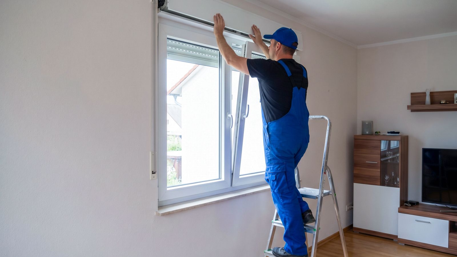 Monteur in blauer Latzhose öffnet von innen den Rollladenkasten über einem Fenster zur Reparatur in Langen