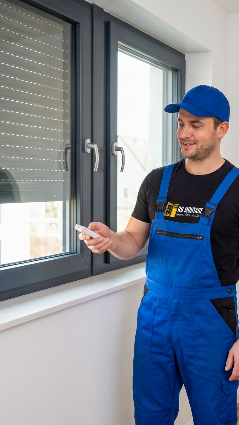 RB Montage Monteur bedient einen neu eingebauten elektrischen Rollladenmotor per Funk-Fernbedienung