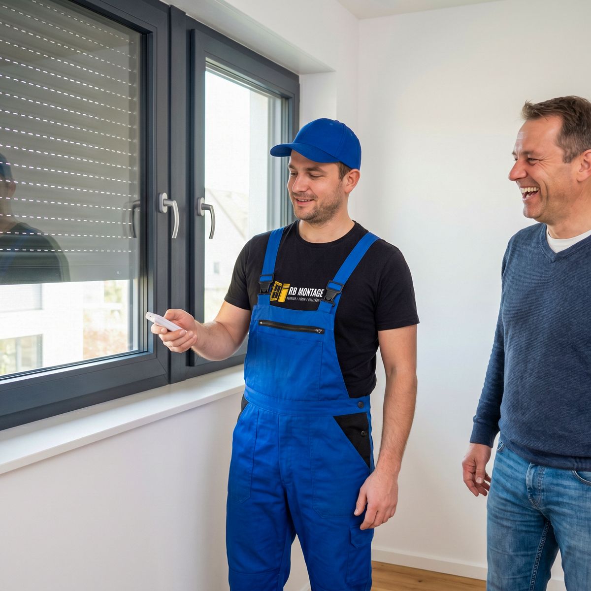 RB Montage Monteur bedient einen neu eingebauten elektrischen Rollladenmotor per Funk-Fernbedienung