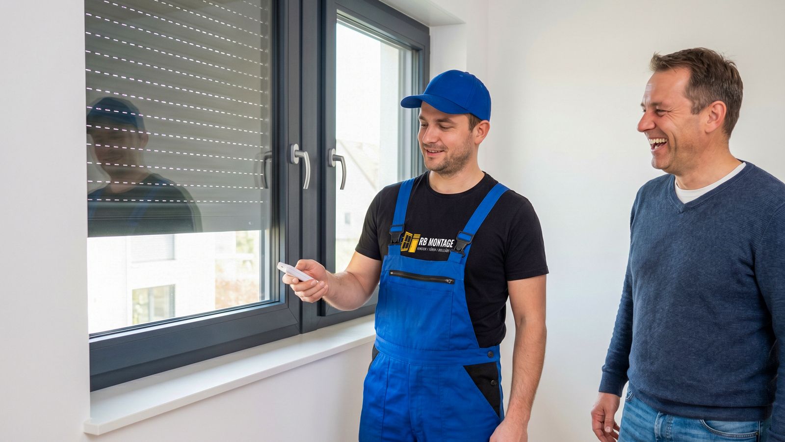 RB Montage Monteur bedient einen neu eingebauten elektrischen Rollladenmotor per Funk-Fernbedienung