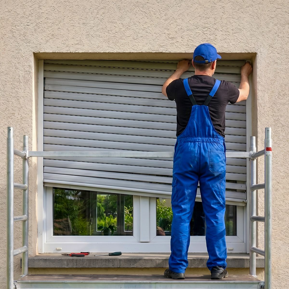 Monteur auf Arbeitsbühne tauscht gebrochene Lamellen eines defekten Rollladens aus