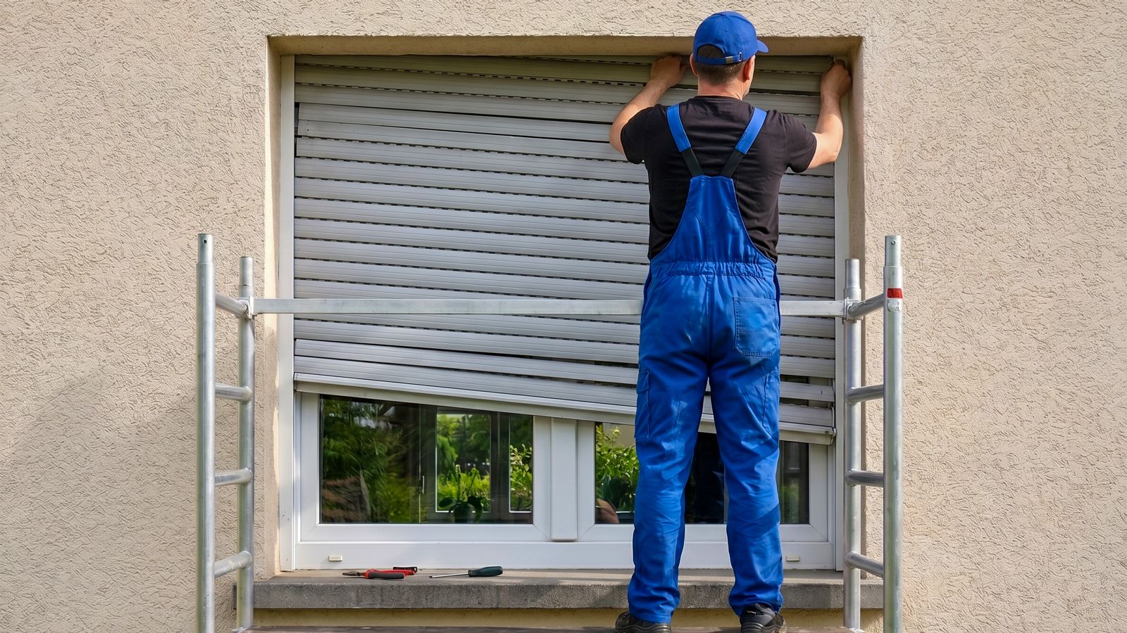 Monteur auf Arbeitsbühne tauscht gebrochene Lamellen eines defekten Rollladens aus