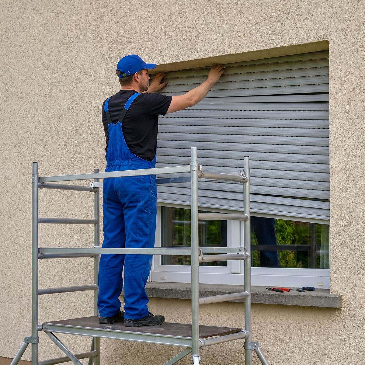 Monteur auf Arbeitsbühne repariert einen Rollladenkasten an einer Putzfassade