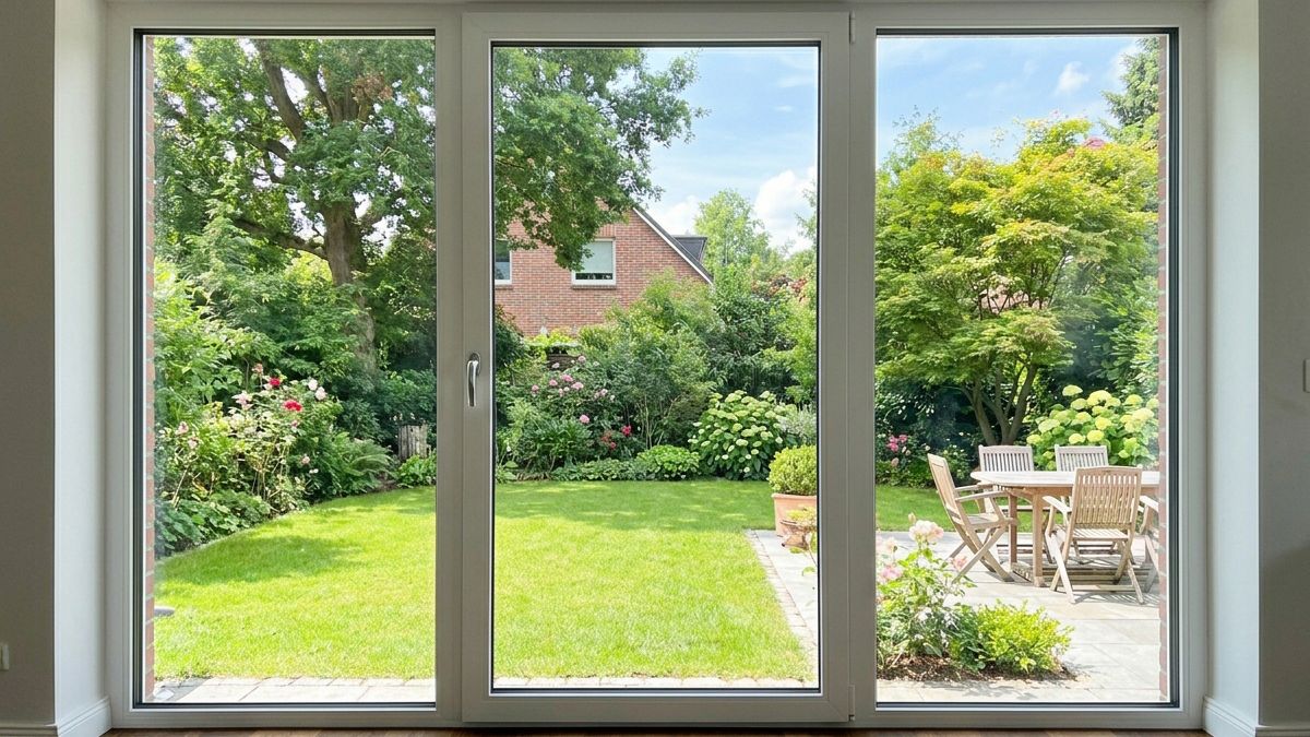 Neu eingebaute weiße Terrassentür mit Blick in einen sonnigen, gepflegten Garten