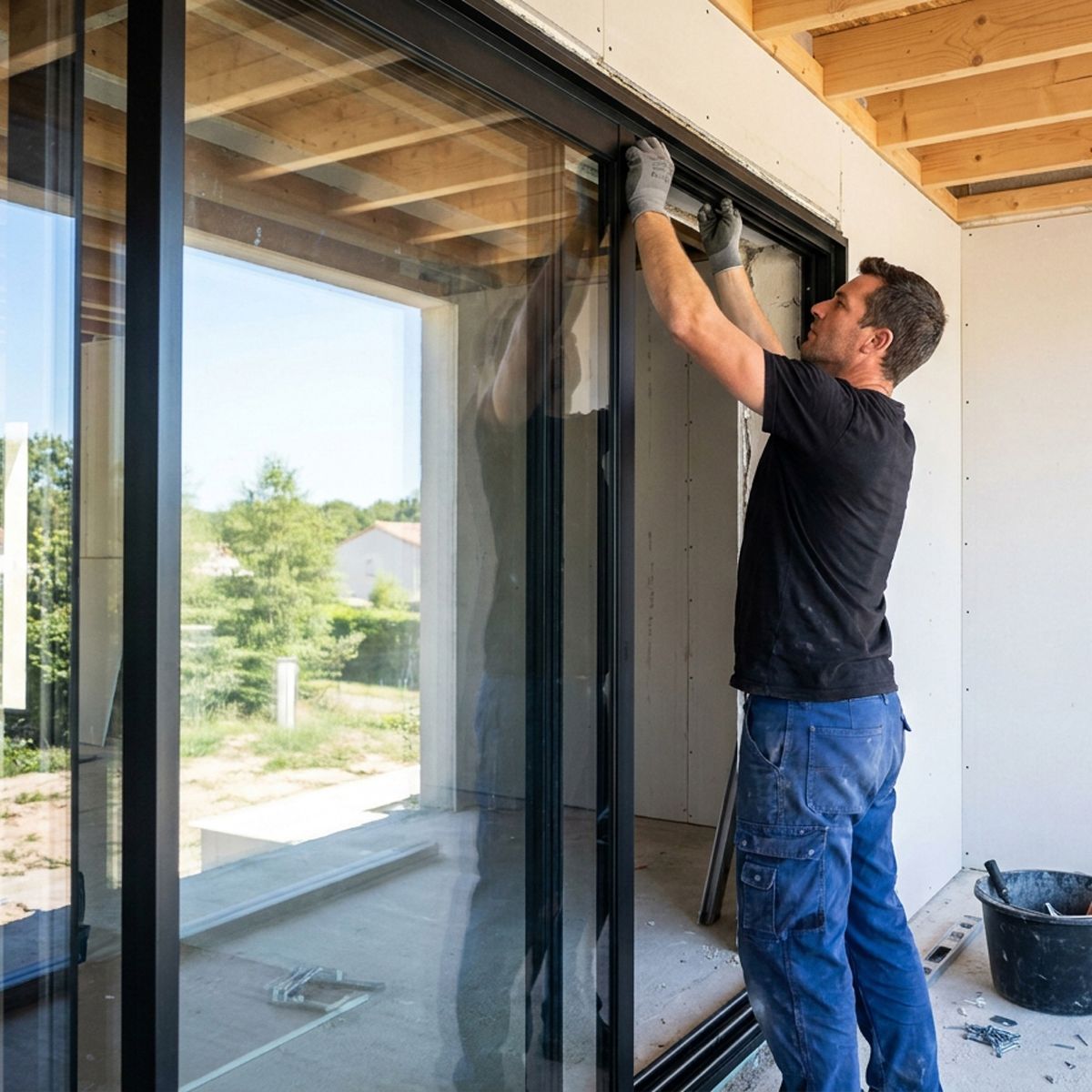Monteur baut eine große Hebe-Schiebetür als Terrassenelement im Rohbau ein