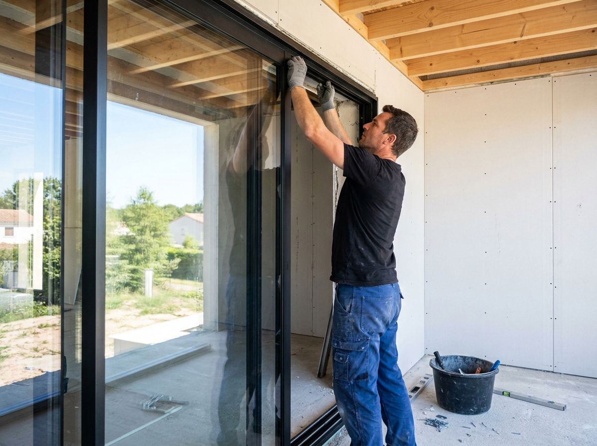 Monteur baut eine große Hebe-Schiebetür als Terrassenelement im Rohbau ein
