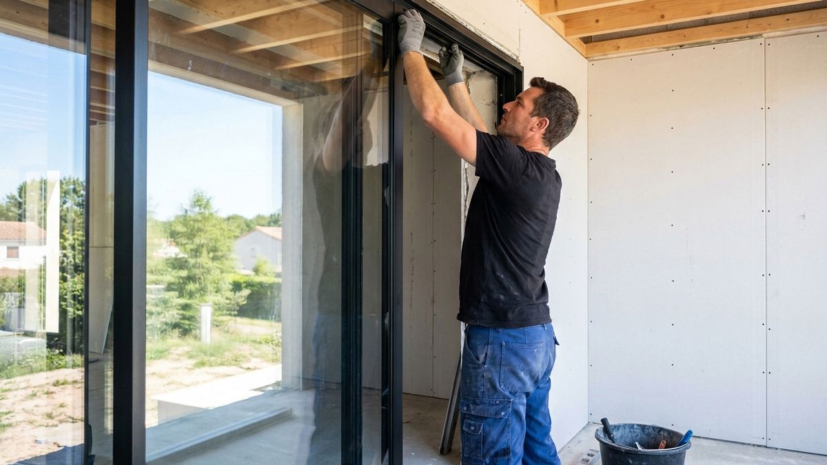 Monteur baut eine große Hebe-Schiebetür als Terrassenelement im Rohbau ein
