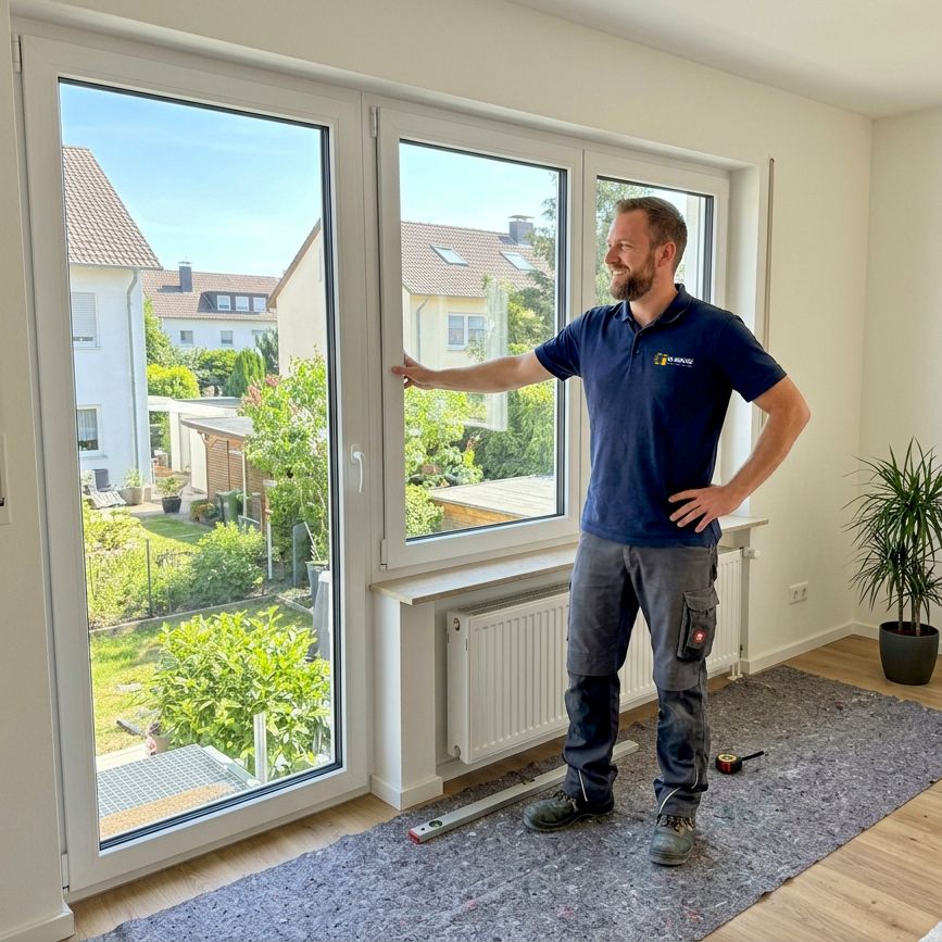 RB Montage Monteur präsentiert eine fertig montierte weiße Terrassentür im hellen Wohnzimmer