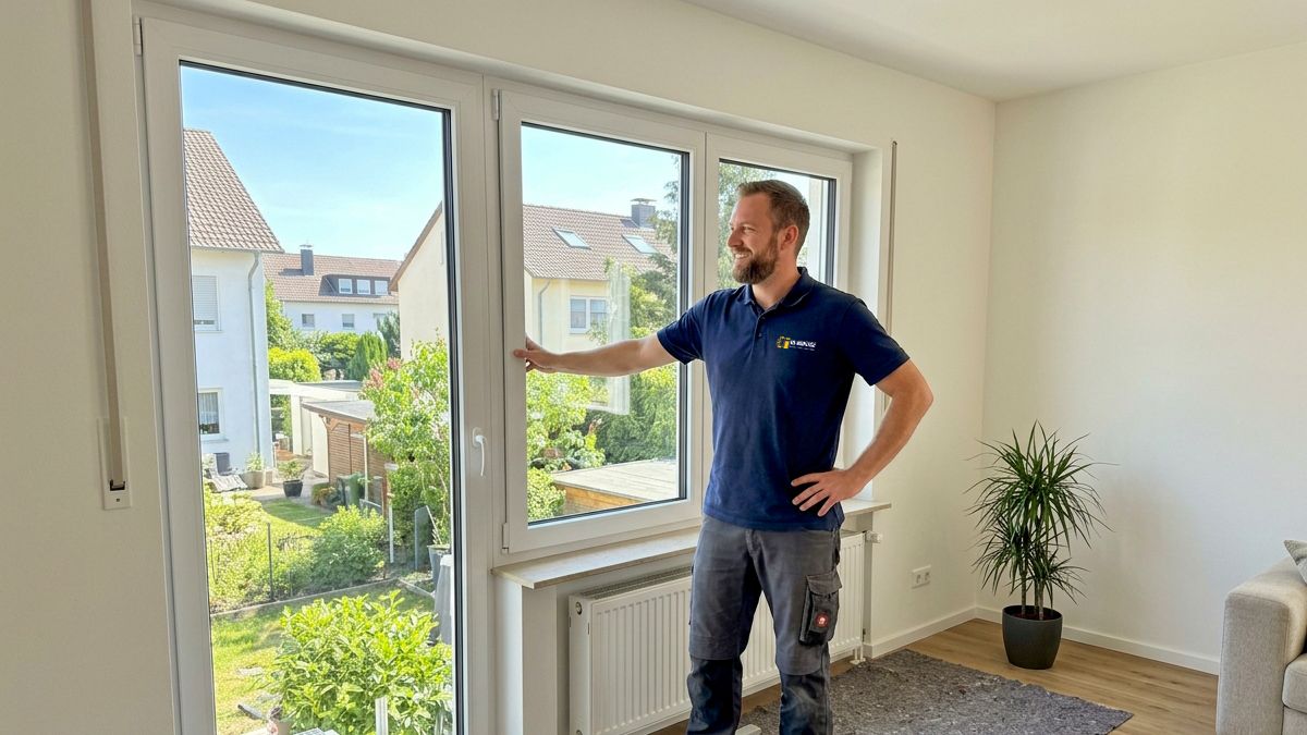 RB Montage Monteur präsentiert eine fertig montierte weiße Terrassentür im hellen Wohnzimmer