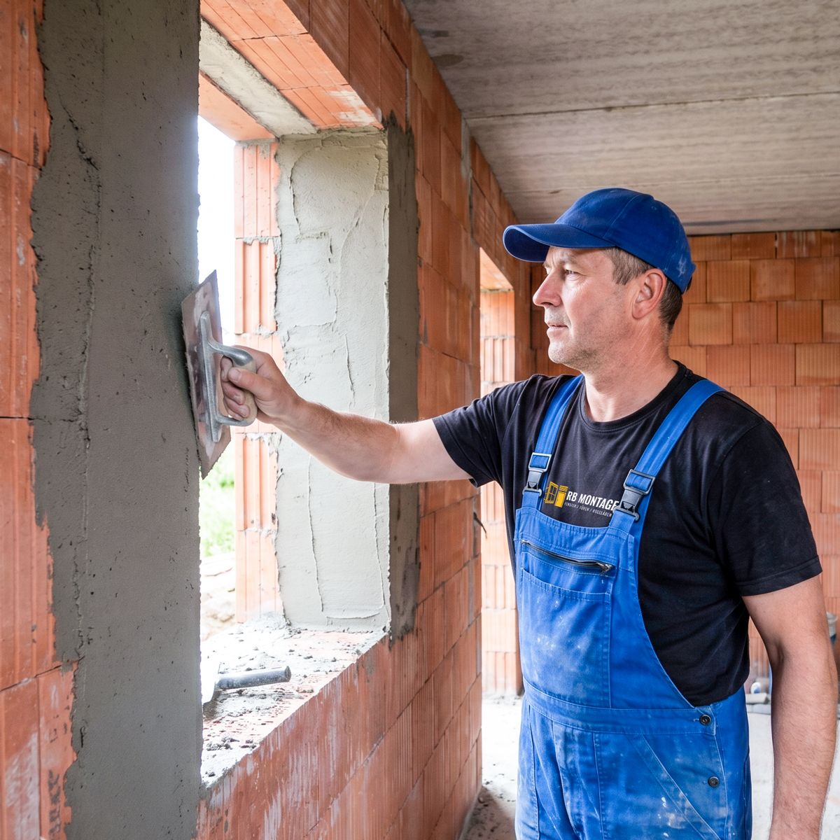 Monteur trägt Folienkleber aus der Kartusche auf Kalksandstein-Mauerwerk für die luftdichte Fensterabdichtung auf