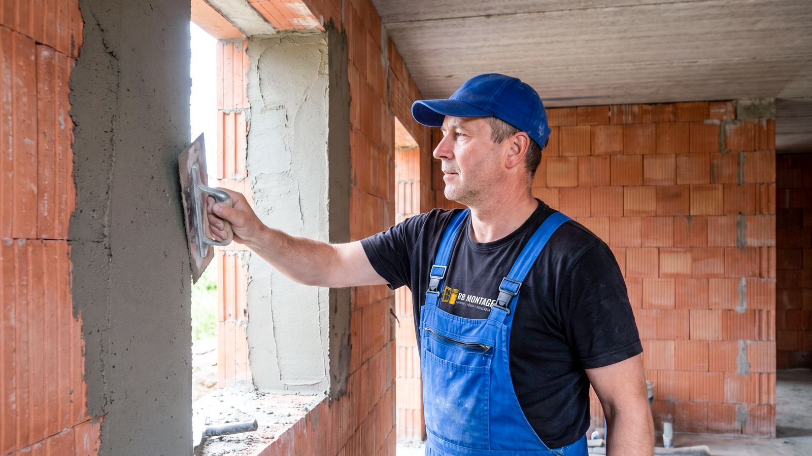 Monteur begradigt die Fensterlaibung mit Mörtel und Reibebrett als Vorbereitung für den Fenstereinbau